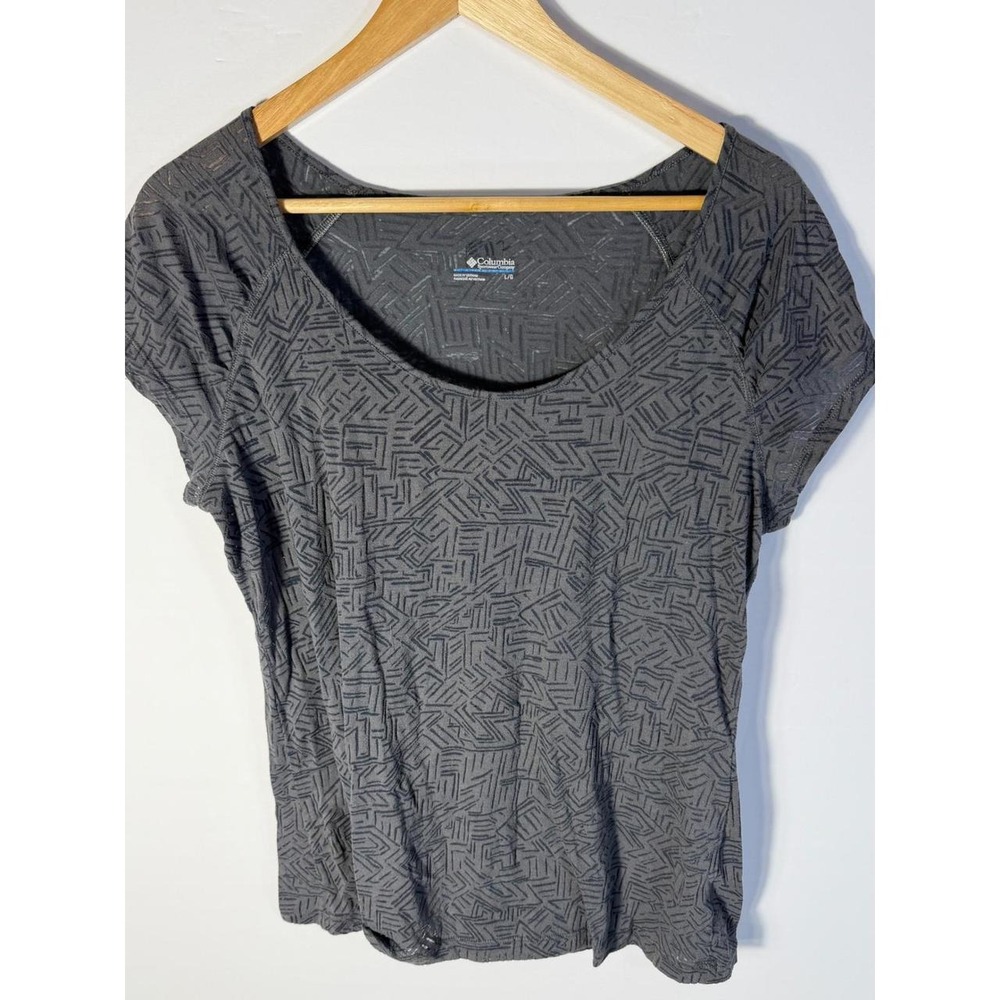 Columbia Womens Charcoal Gray Geometric Pattern Scoop Neck Cap Sleeve Shirt L
